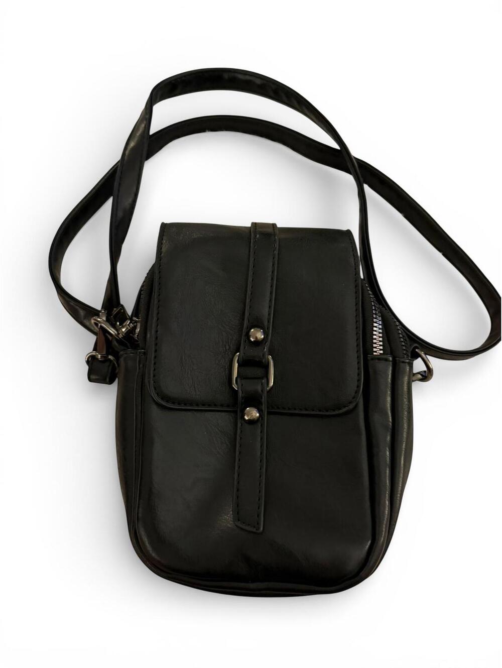 Black Faux Leather Crossbody Bag with Front Buckle Strap